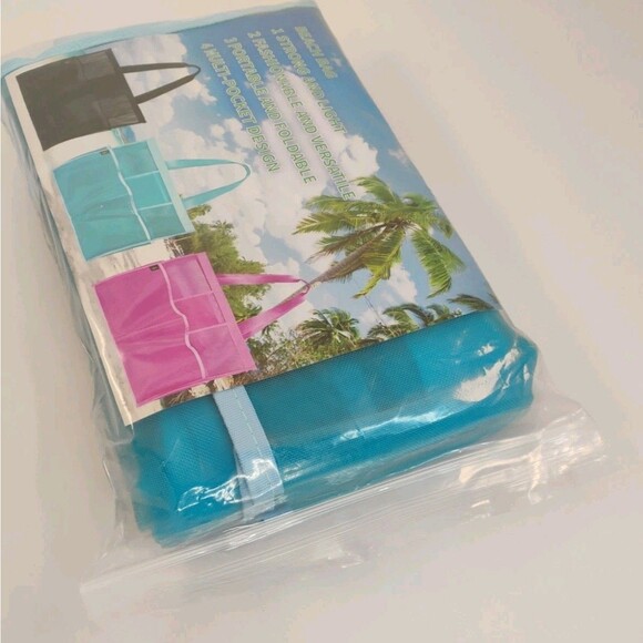 Mesh beach bag 6 pockets sand proof Blue gym Tote Bag Large - Picture 6 of 9